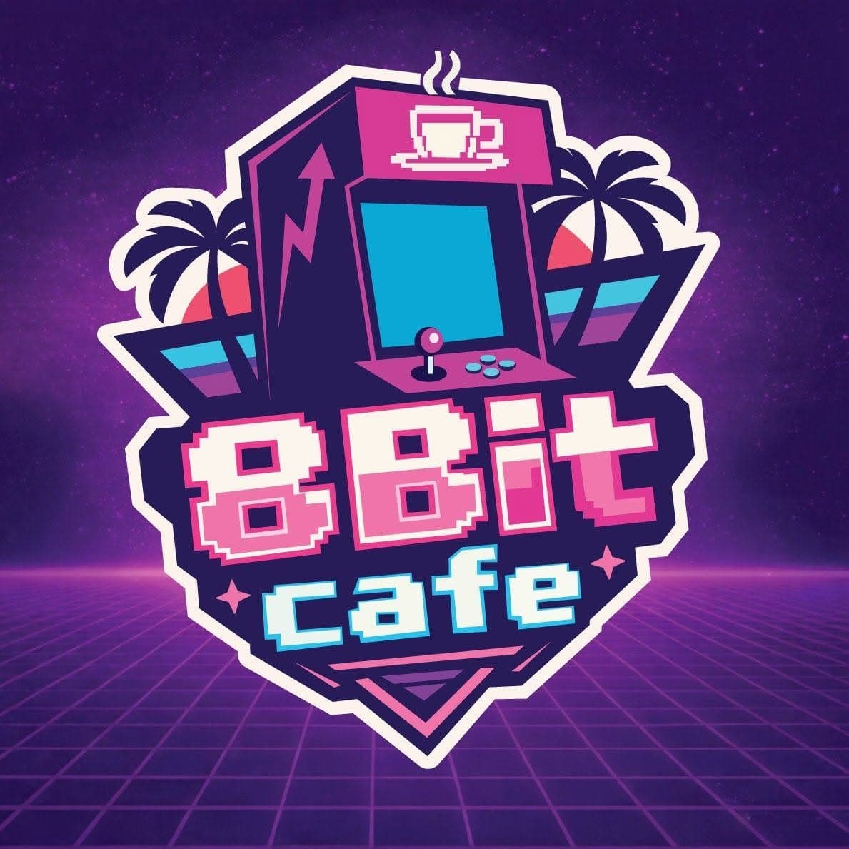 8Bit Cafe logo — a pink arcade cabinet with a coffee cup between palm trees